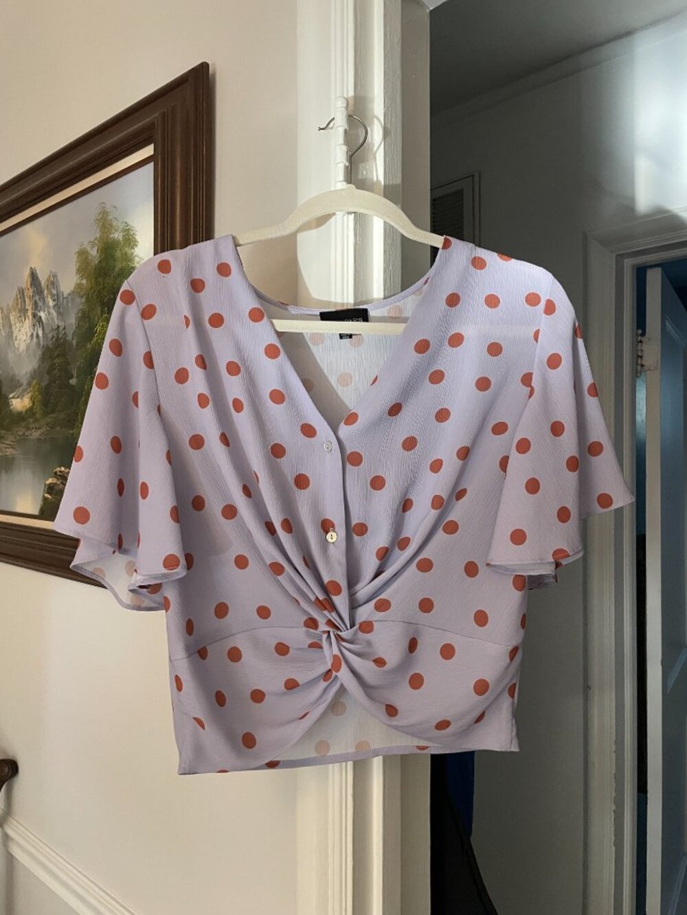 Lucy Paris Purple Polka Dot Twist‑Front Blouse – Size S